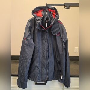 SuperDry Men's Navy Blue Hooded Jacket with Red Trim